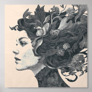 Botanical Black Ink Floral Woman Illustration Wood Photo Tile