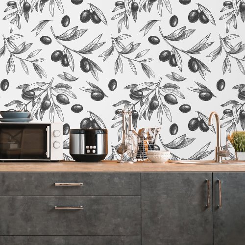 Botanical Black Olive Branch Pattern Kitchen Wallpaper