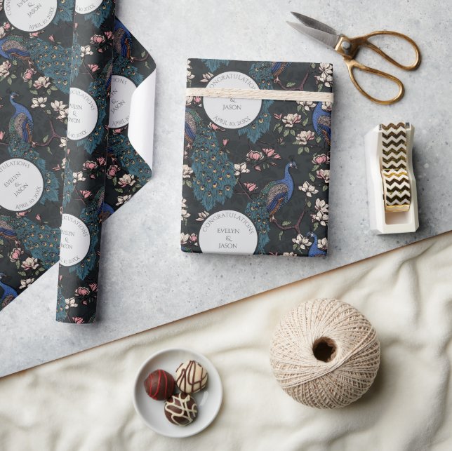 Botanical Black Wedding Peacock & Flowers  Wrapping Paper (Crafts)