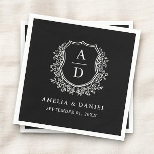 Botanical Black White Crest Wedding Monogram Napkins