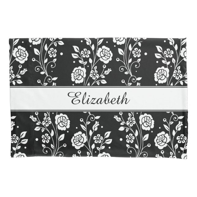 Botanical Black & White Floral Flowers Pattern Pillow Case (Front)
