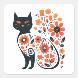 Botanical Bliss Cat Silhouette Square Sticker
