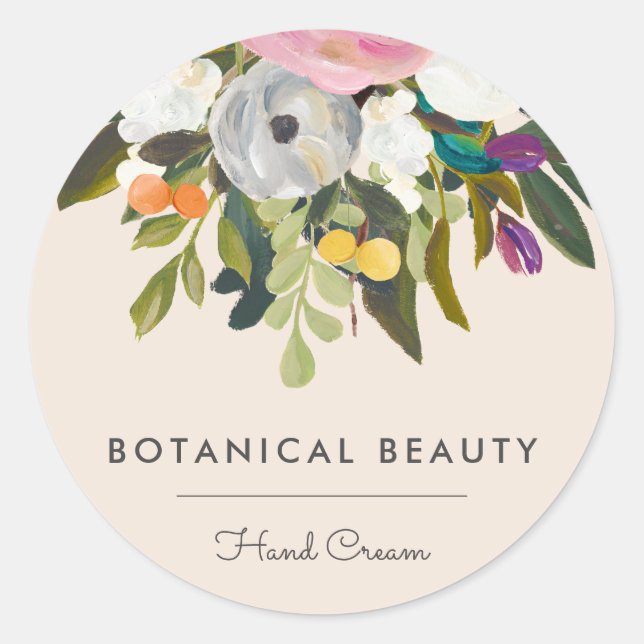 Botanical Bliss Elegant Modern Floral | Cream Classic Round Sticker (Front)