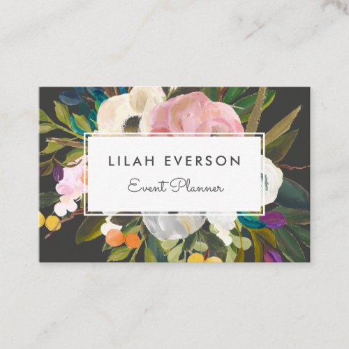 Botanical Bliss  Elegant Painted Floral  Black Business Card