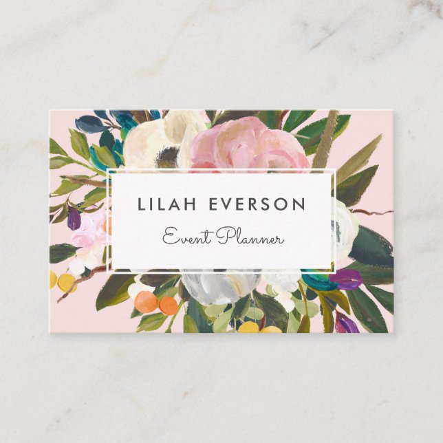 Botanical Bliss | Elegant Painted Floral | Blush Business Card (Front)
