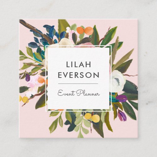 Botanical Bliss  Elegant Painted Floral  Blush Square Business Card