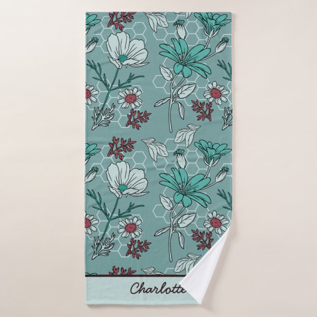 Botanical bloom floral pattern personalized name  bath towel (Bath Towel)
