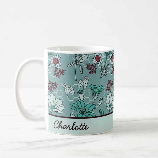Botanical bloom floral pattern personalized name coffee mug (Left)