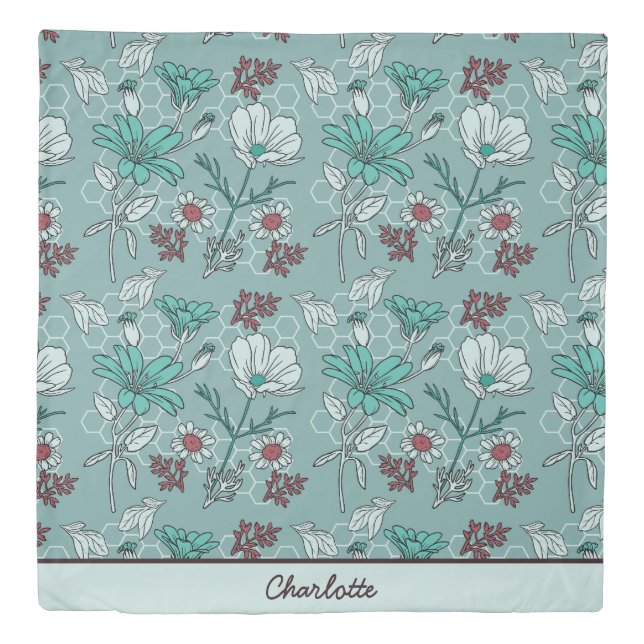 Botanical bloom floral pattern personalized name  duvet cover (Front)