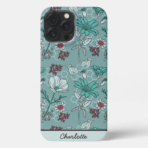 Botanical bloom floral pattern personalized name iPhone 13 pro max case