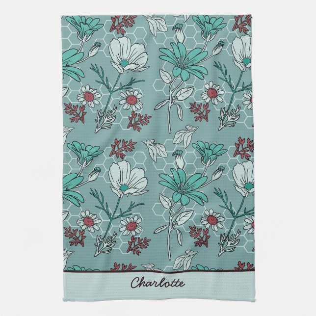 Botanical bloom floral pattern personalized name  kitchen towel (Vertical)