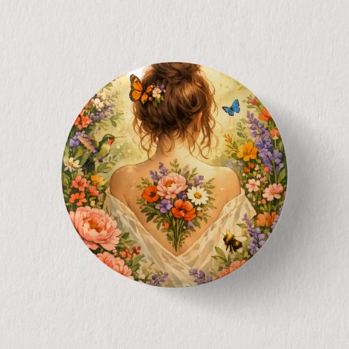 Botanical Bloom Girl – Floral Garden Art Button