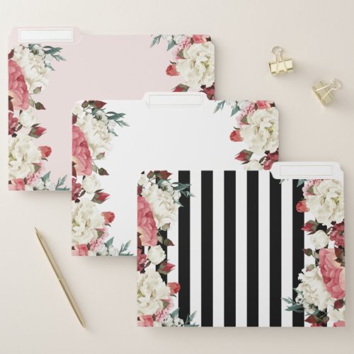 Botanical Blooms Pink Gold Stripes File Folder