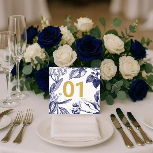 Botanical Blue and Gold Wedding Table Number