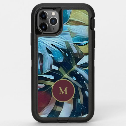 Botanical Blue and Moody Monstera Leaves Monogram OtterBox Defender iPhone 11 Pro Max Case