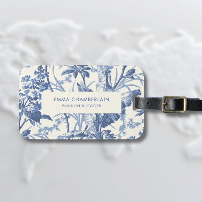 Botanical Blue and White Chinoiserie Custom Luggage Tag (Blue and White Floral Luggage tag with vintage and feminine style)
