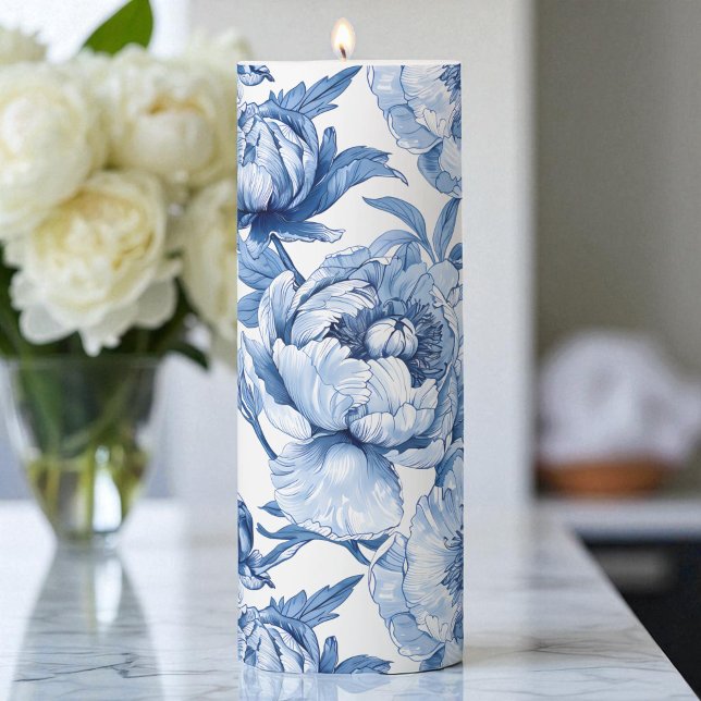 Botanical Blue and White Elegant Floral Pattern Pillar Candle (Botanical Blue Floral Delicate Porcelain Flower Pillar Candle)