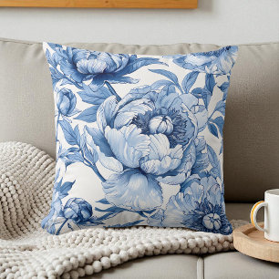 Botanical Blue and White Elegant Floral Pattern Throw Pillow