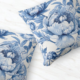 Botanical Blue and White Elegant Floral Pattern Throw Pillow
