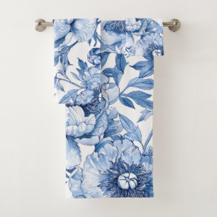 Botanical Blue and White Flowers Floral Pattern Bath Towel Set