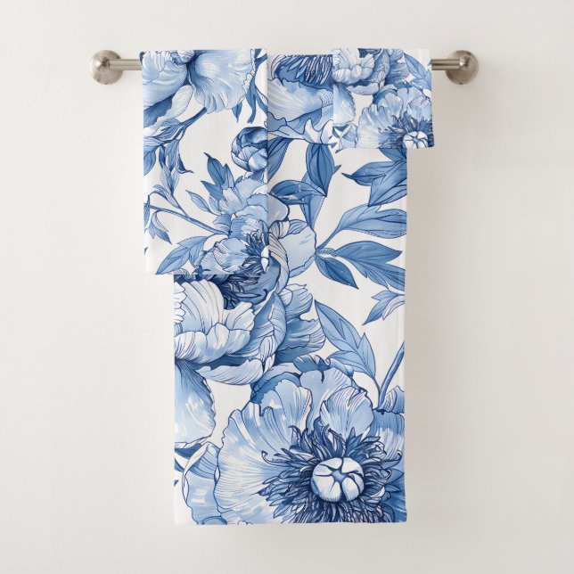 Botanical Blue and White Flowers Floral Pattern Bath Towel Set (Insitu)