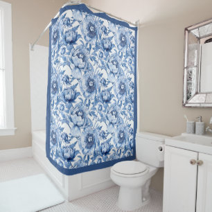 Botanical Blue and White Flowers Floral Pattern Shower Curtain