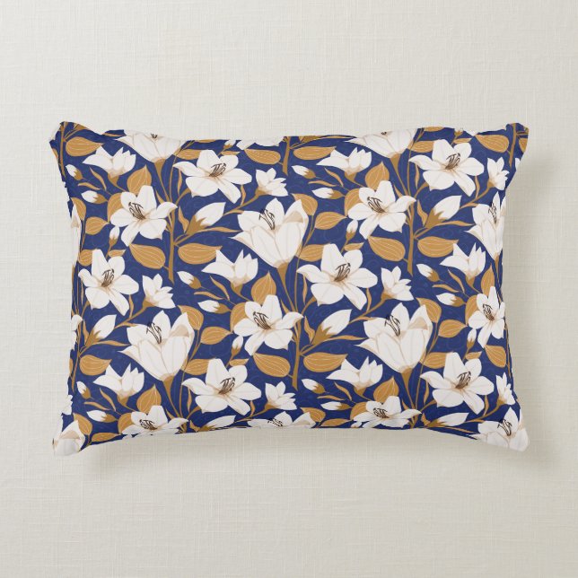 Botanical Blue Beige Lily Floral Pattern   Accent Pillow (Front)