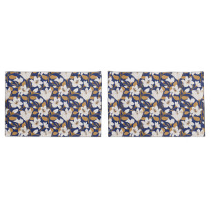 Botanical Blue Beige Lily Floral Pattern Pillow Case