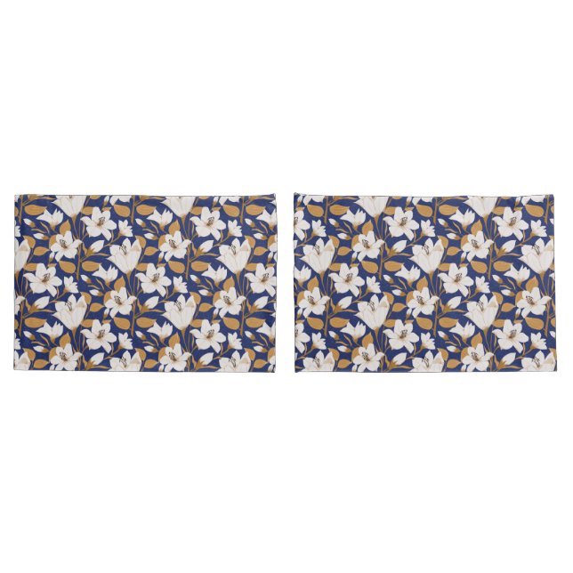 Botanical Blue Beige Lily Floral Pattern   Pillow Case (Back-Set)