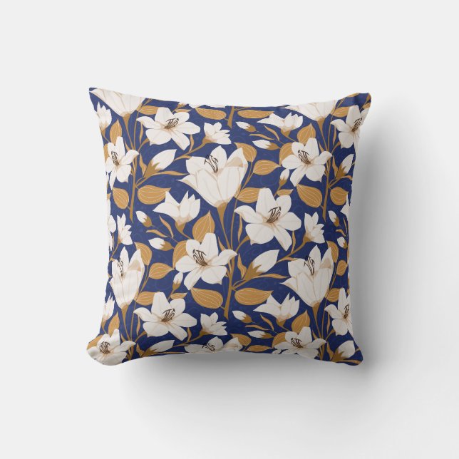 Botanical Blue Beige Lily Floral Pattern   Throw Pillow (Front)