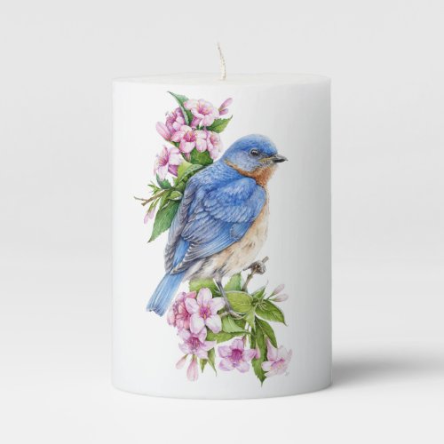 Botanical Blue Bird Pillar Candle