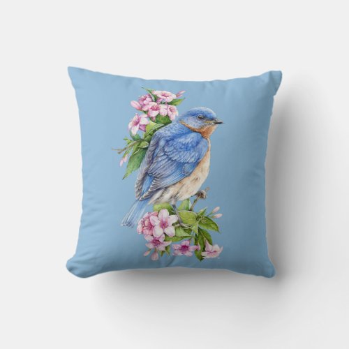 Botanical Blue Bird Throw Pillow