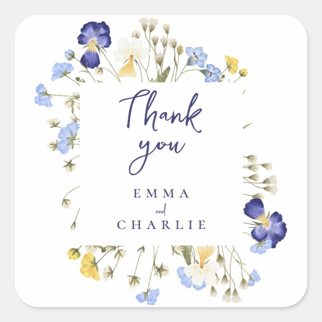 Botanical blue Boho Wildflowers Rustic wedding  Square Sticker (Front)