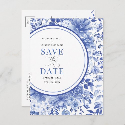 Botanical Blue Chinoiserie Wedding Save the Date Announcement Postcard