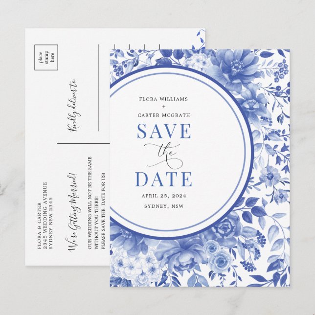 Botanical Blue Chinoiserie Wedding Save the Date Announcement Postcard (Front/Back)