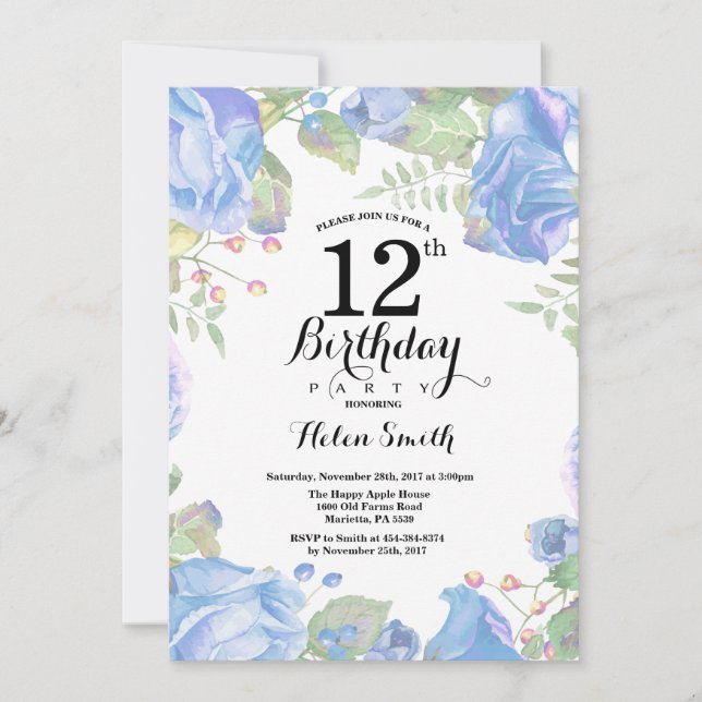 Botanical Blue Floral 12th Birthday Invitation (Front)