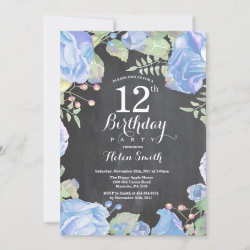 Botanical Blue Floral 12th Birthday Invitation