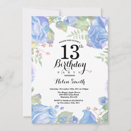 Botanical Blue Floral 13th Birthday Invitation