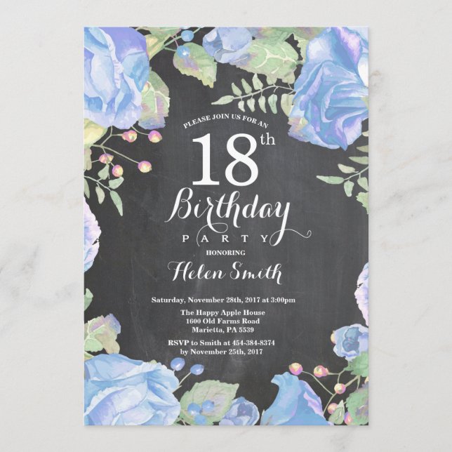 Botanical Blue Floral 18th Birthday Invitation (Front)