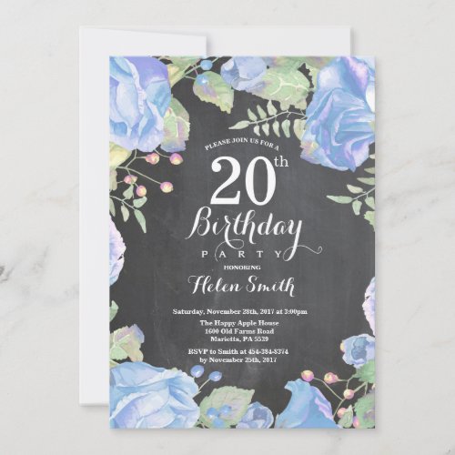 Botanical Blue Floral 20th Birthday Invitation