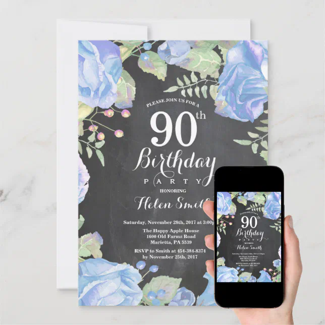 Botanical Blue Floral 90th Birthday Invitation | Zazzle