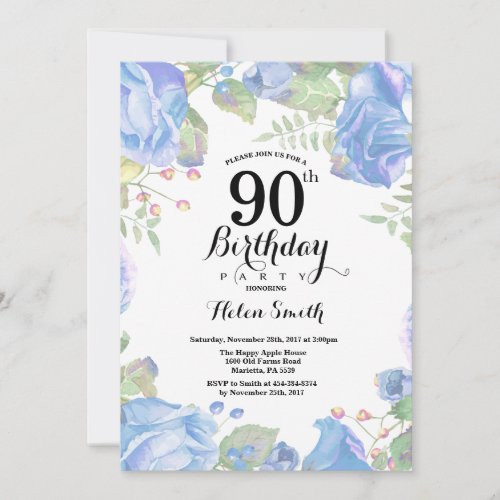 Botanical Blue Floral 90th Birthday Invitation