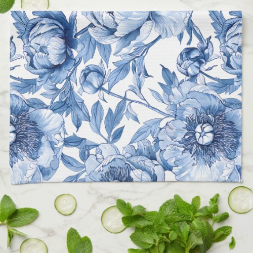 Botanical Blue Floral Art Nouveau Porcelain Flower Kitchen Towel