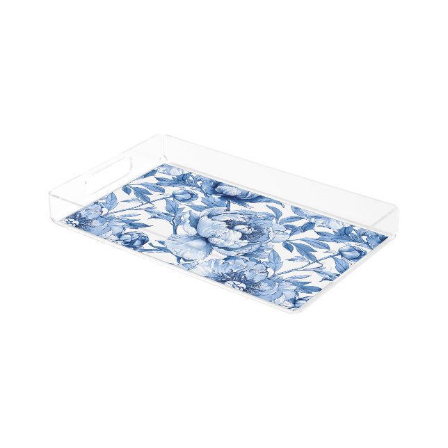 Botanical Blue Floral Delicate Porcelain Flower Acrylic Tray (Angled)