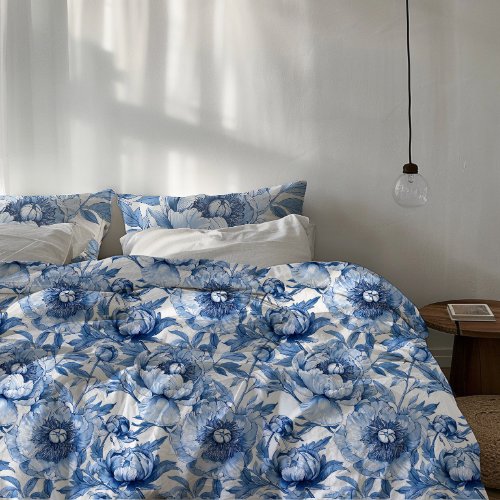 Botanical Blue Floral Delicate Porcelain Flower Duvet Cover