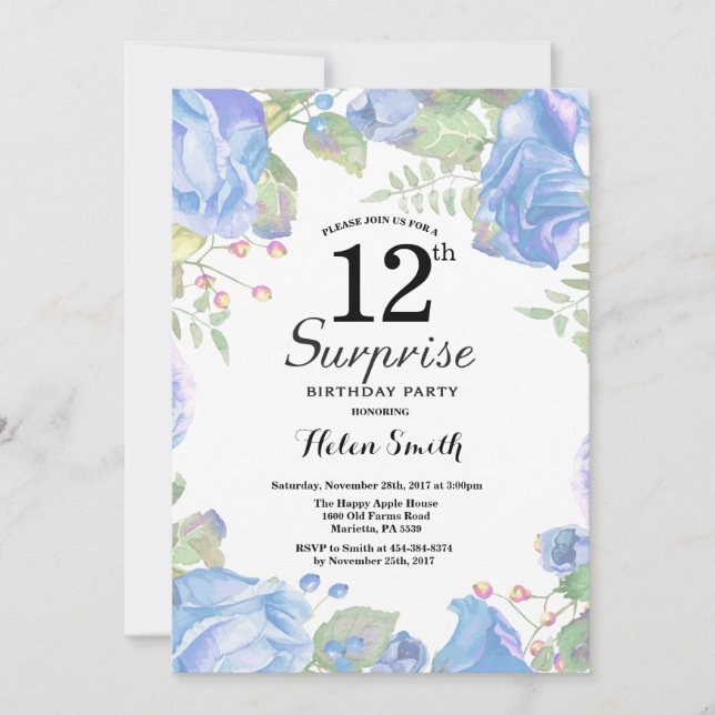 Botanical Blue Floral Surprise 12th Birthday Invitation (Front)