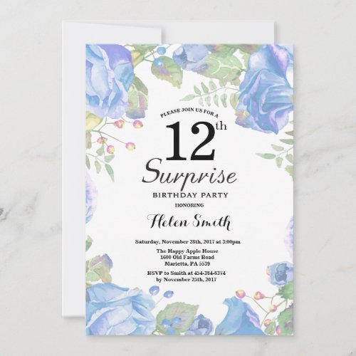 Botanical Blue Floral Surprise 12th Birthday Invitation