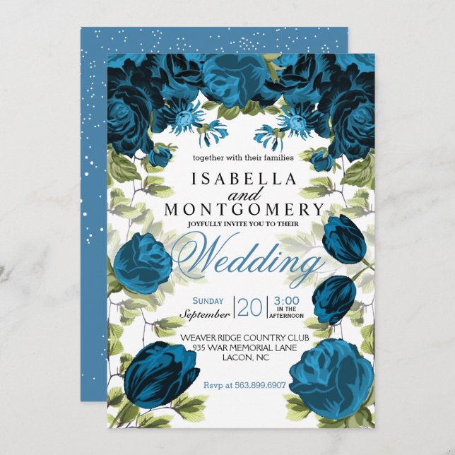 Botanical Blue Floral Wedding Invitation (Front/Back)