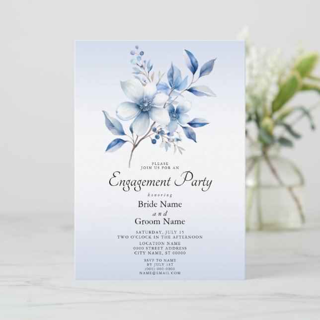 Botanical Blue Flowers Engagement Invitation (Standing Front)