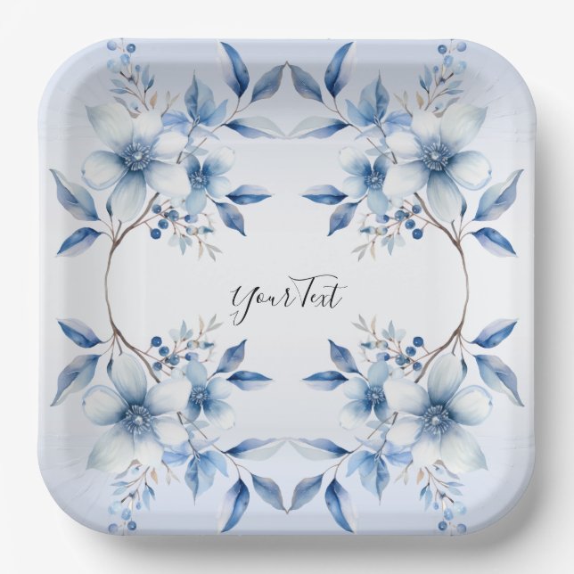 Botanical Blue Flowers Paper Plate (Front)